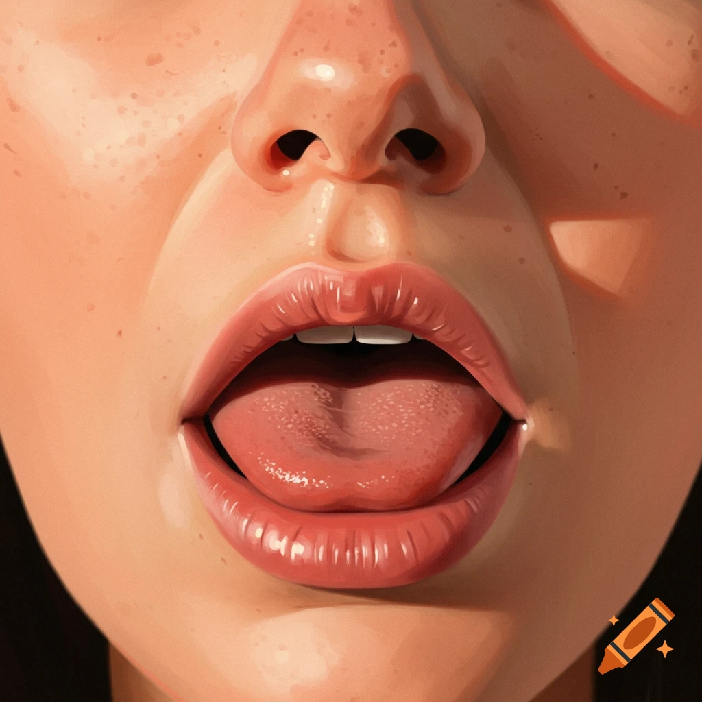 Close-up illustration of an open mouth with visible tongue and nose, rendered in a realistic painting style.