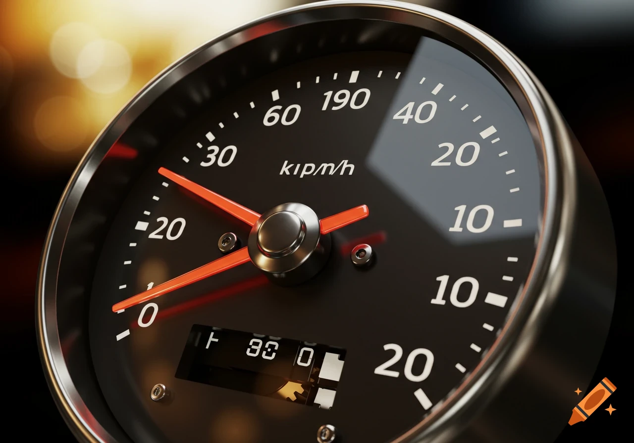 A close-up, photorealistic view of a black car speedometer with white numbers and red needles, against a blurred, warm background.
