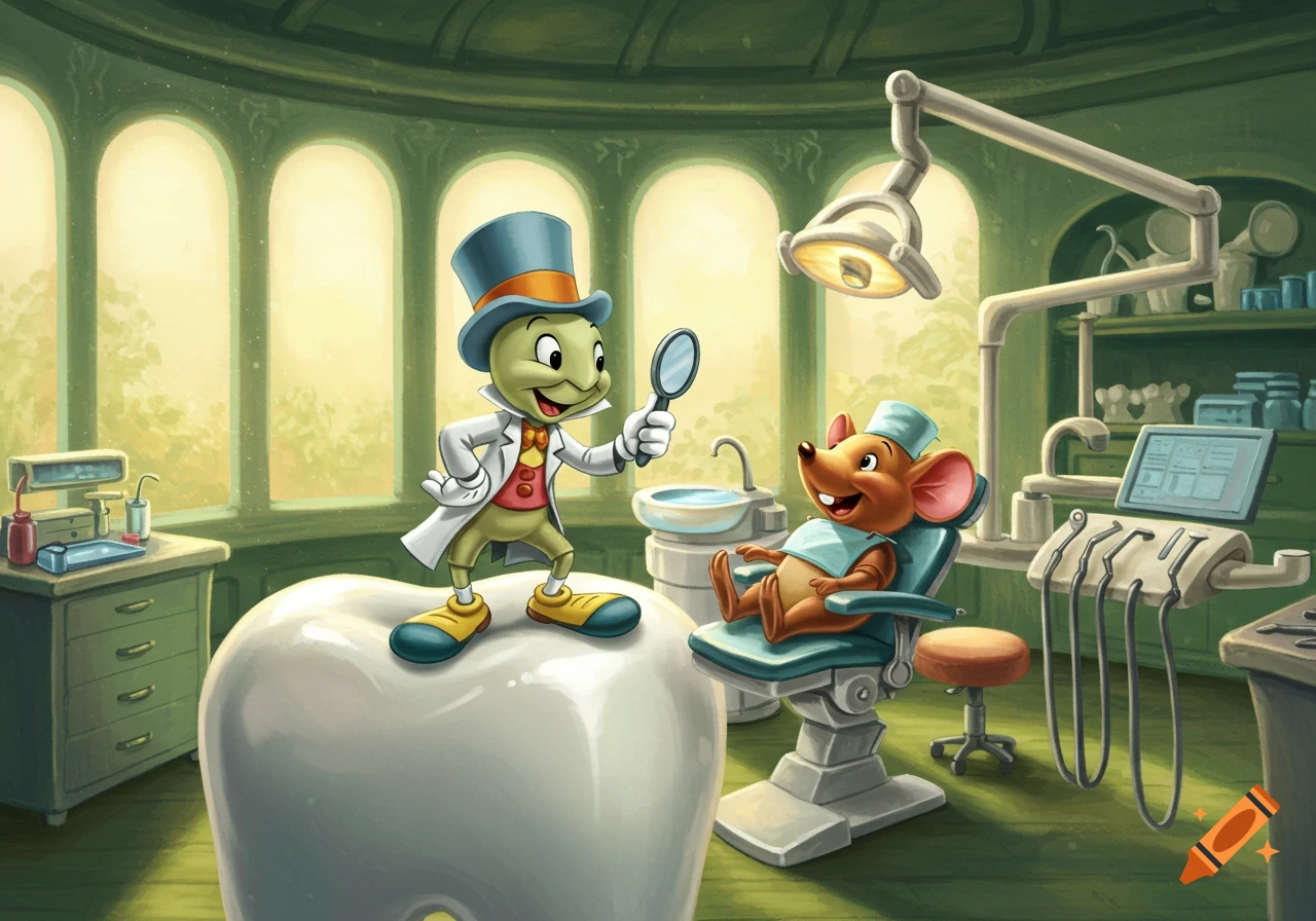 Cartoon Jiminy Cricket as a dentist on a giant tooth, holding a mirror for a mouse patient in a dental chair.