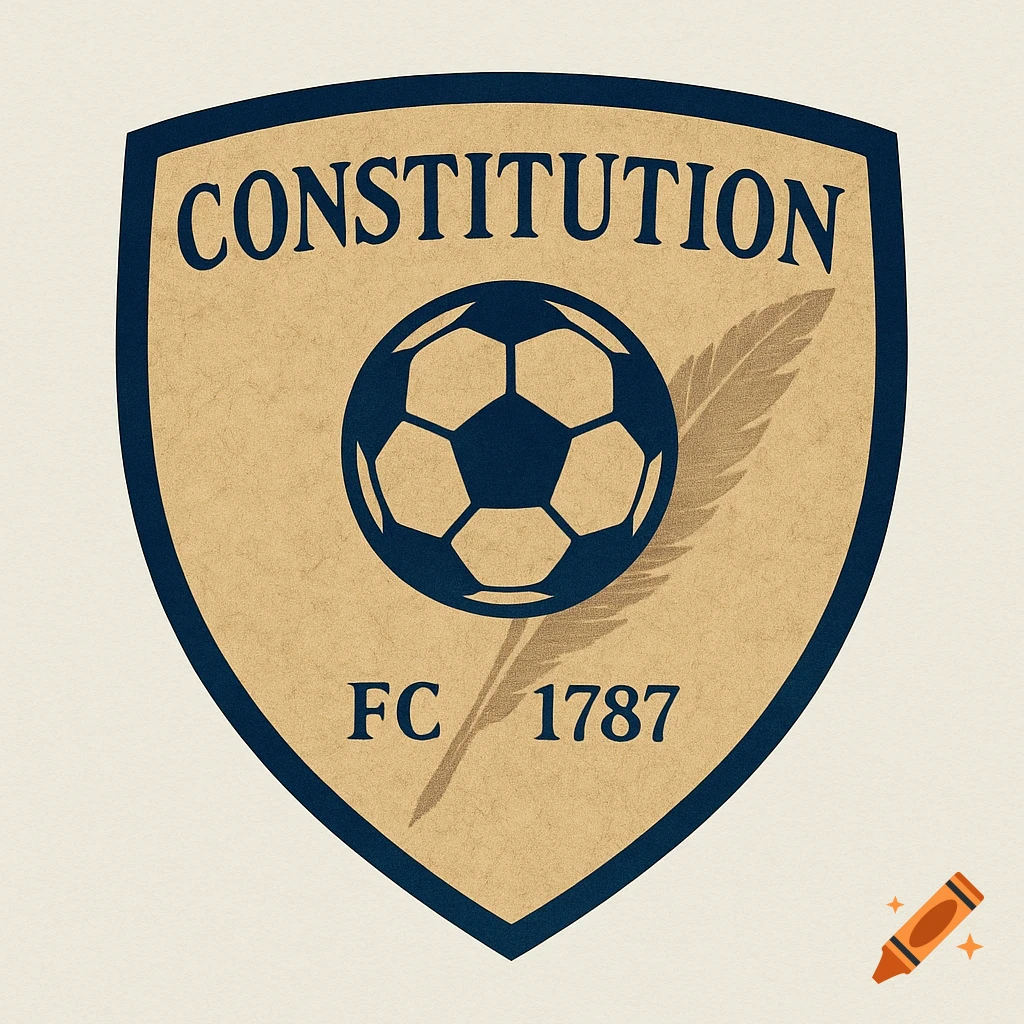 Vintage shield logo for 'Constitution FC' with a soccer ball, quill feather, and text 'CONSTITUTION FC 1787' on a tan parchment background.