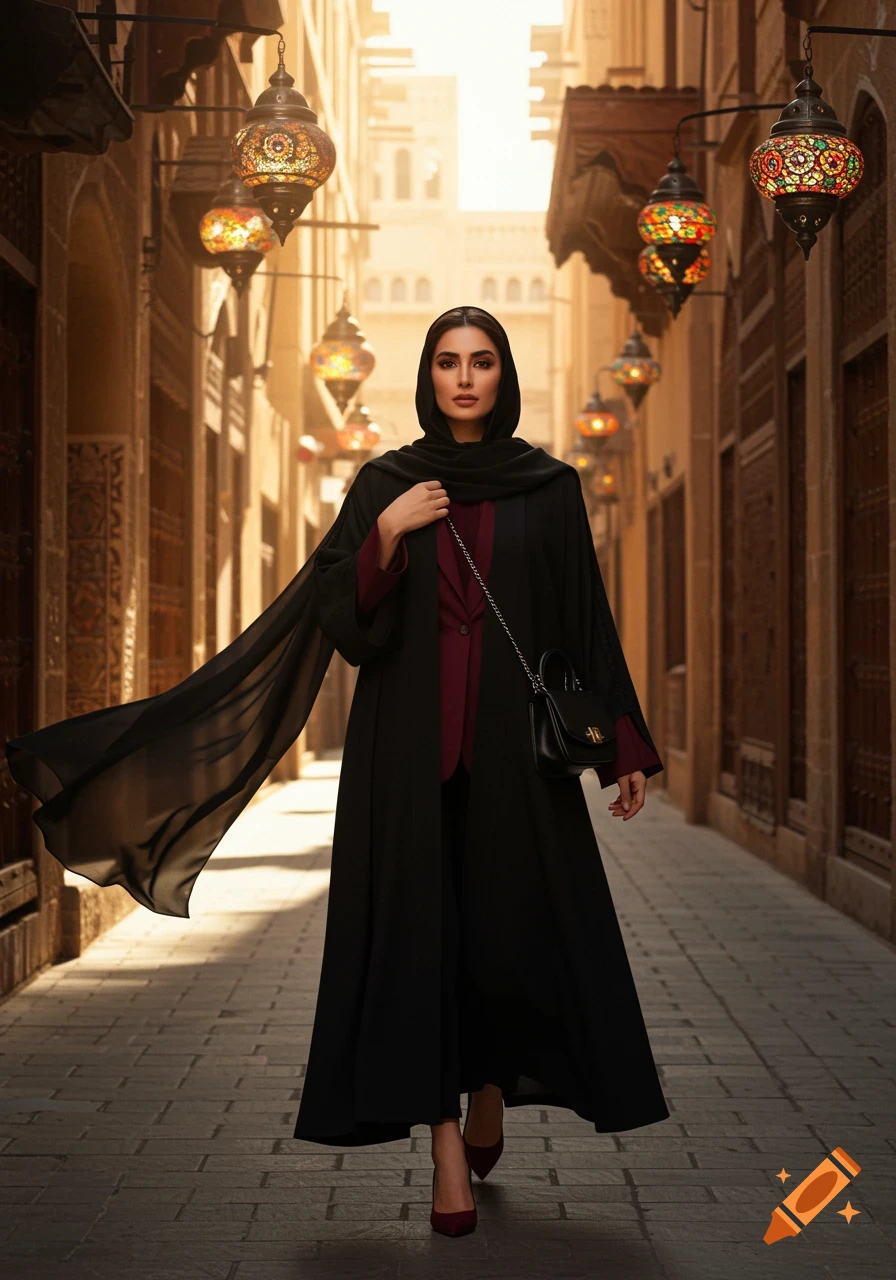 Photorealistic image of a woman in a black abaya and burgundy jacket walking in a sunlit Middle Eastern alleyway with hanging lanterns.
