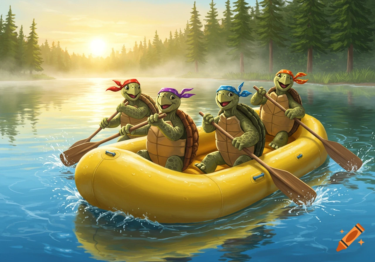 Four cartoon turtles wearing bandanas paddle a yellow inflatable raft on a misty lake at sunrise, surrounded by pine trees.