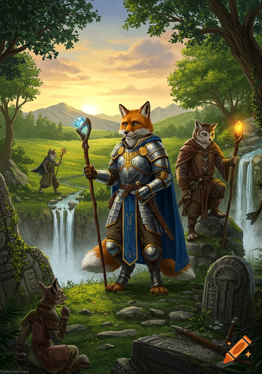 Anthropomorphic fox knight and owl wizard stand in a lush fantasy valley with waterfalls and ruins under a sunset sky.