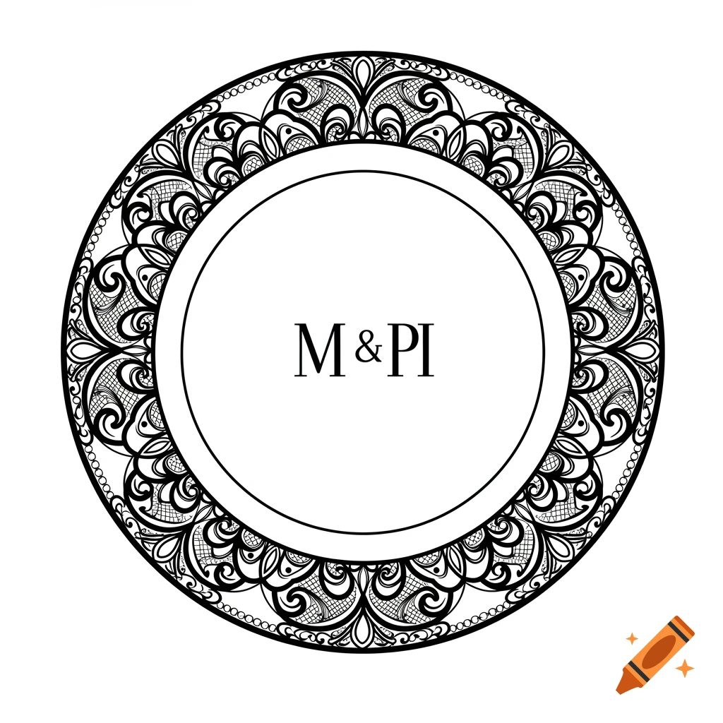 Black and white circular decorative border with intricate patterns surrounding 'M & PI' text in the center.