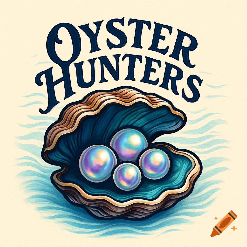Logo for 'Oyster Hunters' with a dark blue oyster shell, four iridescent pearls, and light blue waves.