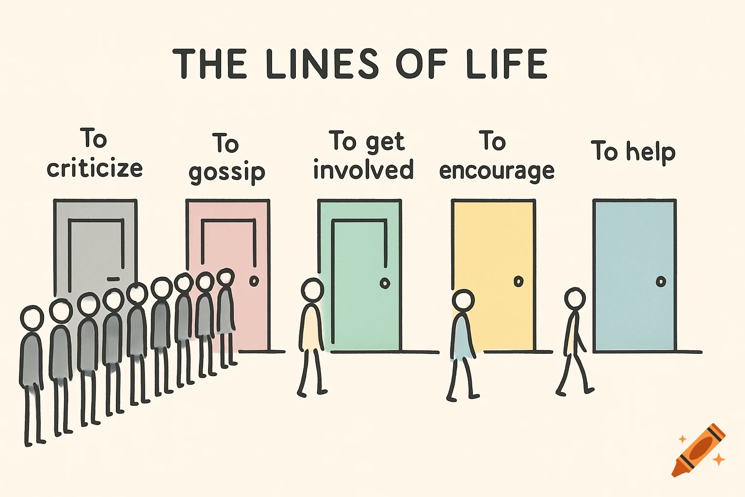 Minimalist illustration of 'The Lines of Life' showing long queues for doors labeled 'criticize' and 'gossip', and fewer people for 'get involved', 'encourage', and 'help'.
