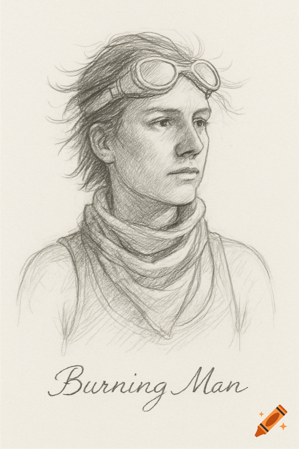 Pencil sketch of a person wearing goggles and a scarf, looking right, with 'Burning Man' written below.