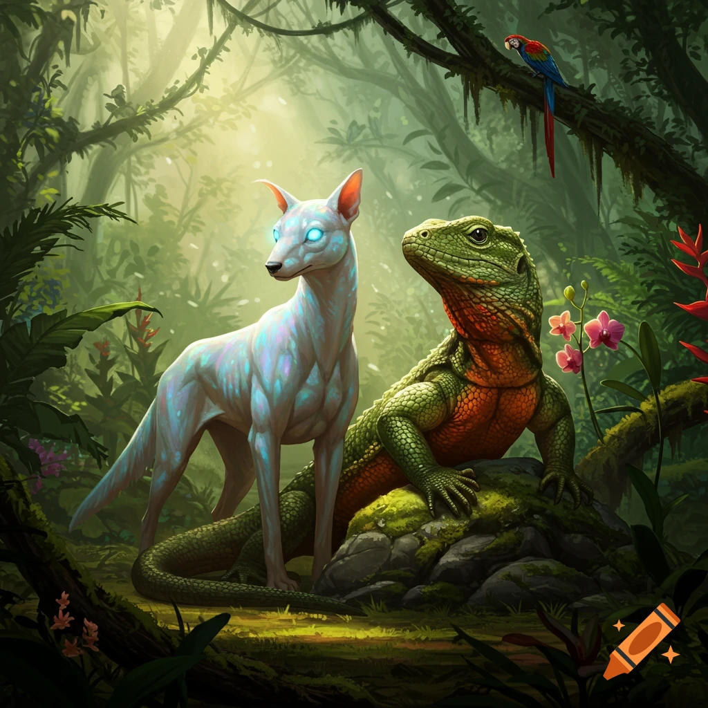 A white glowing blink dog and a large green and orange lizard in a vibrant jungle with a parrot.