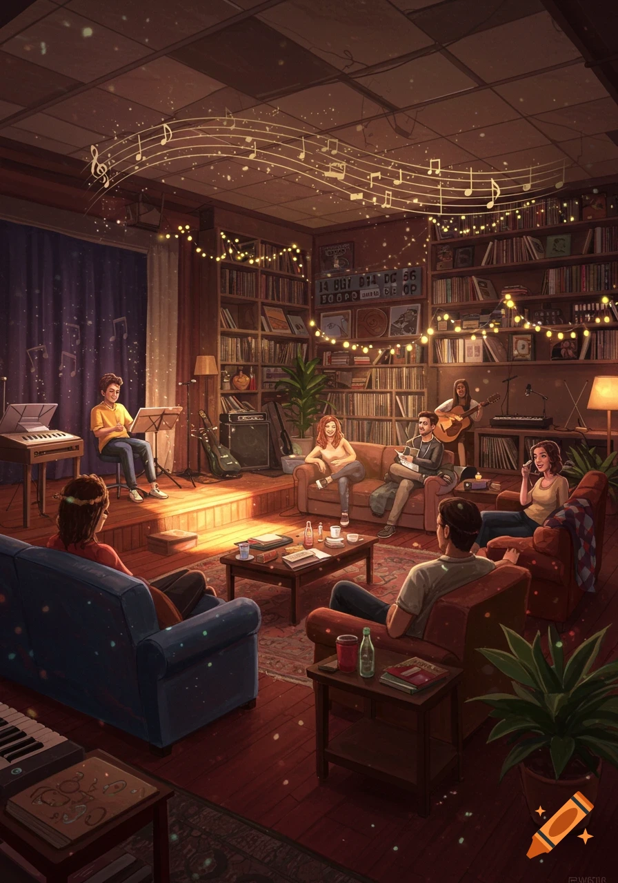 A cozy, magical living room scene with people playing music, surrounded by bookshelves, string lights, and floating musical notes.