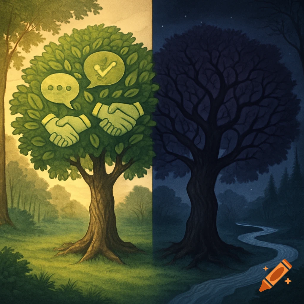 Split illustration of a vibrant green tree with icons on the left, and a dark, bare tree with a winding river at night on the right.