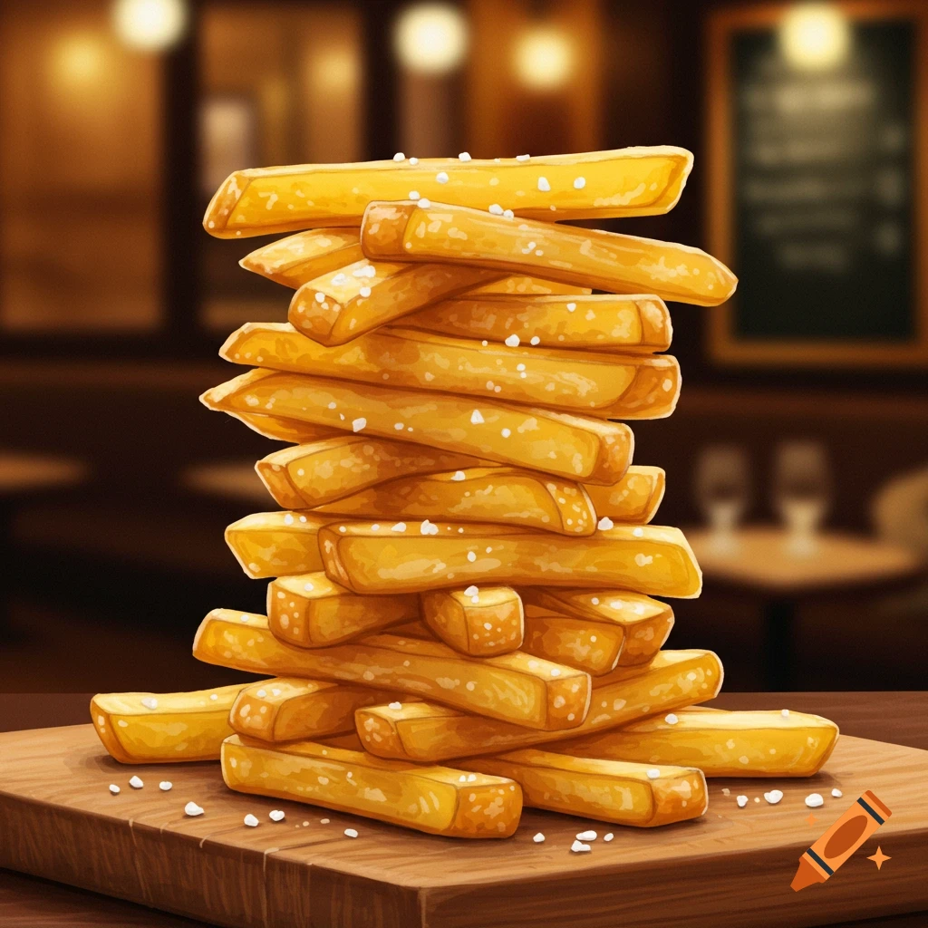 A tall stack of golden french fries with salt on a wooden board, with a blurred restaurant background.