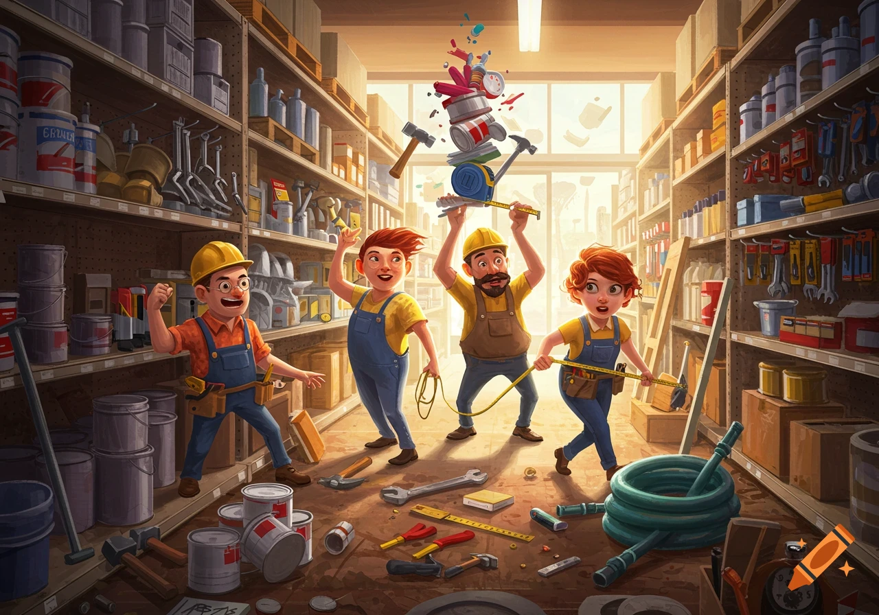 Cartoon illustration of four characters in a hardware store surrounded by tools and paint cans, with items comically falling from above.
