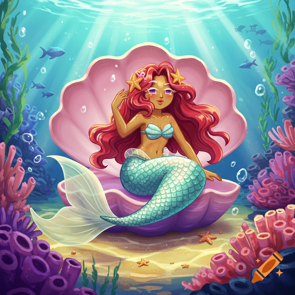 A cartoon mermaid with red hair and a teal tail sits in a large pink seashell underwater, surrounded by coral and fish.