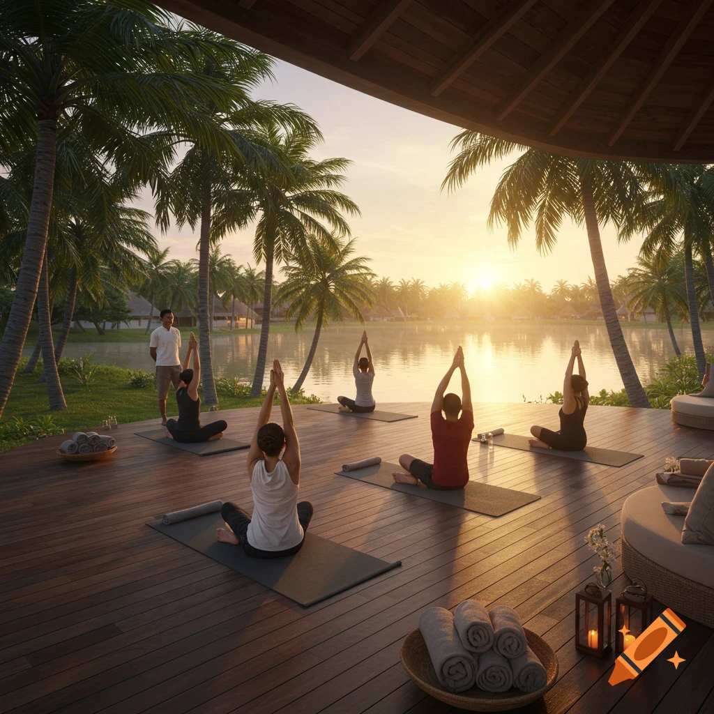 Photorealistic image of people practicing yoga on a wooden deck by a lake at sunset, surrounded by palm trees.
