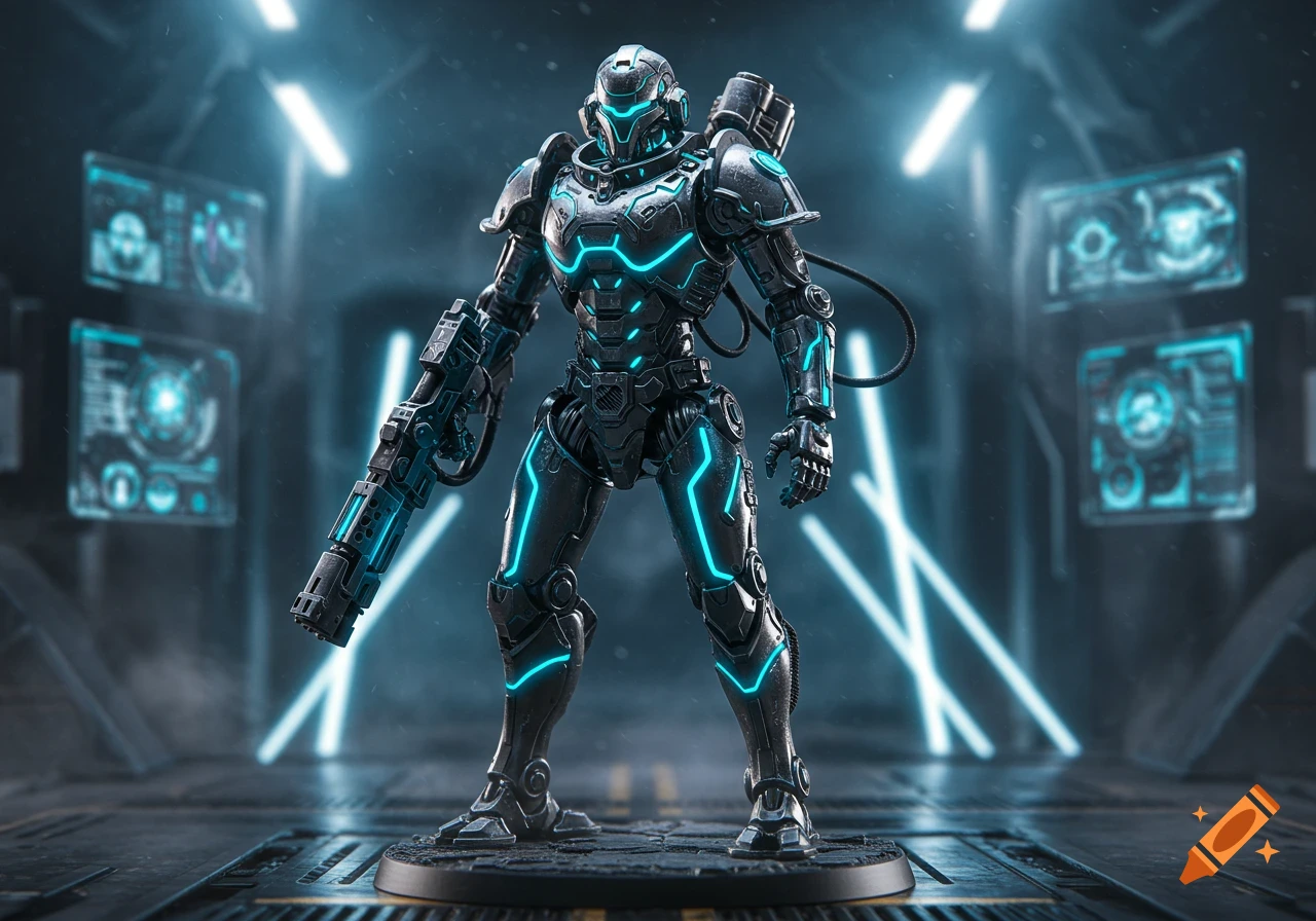 A futuristic robot soldier in chrome armor with neon blue highlights stands in a sci-fi chamber.