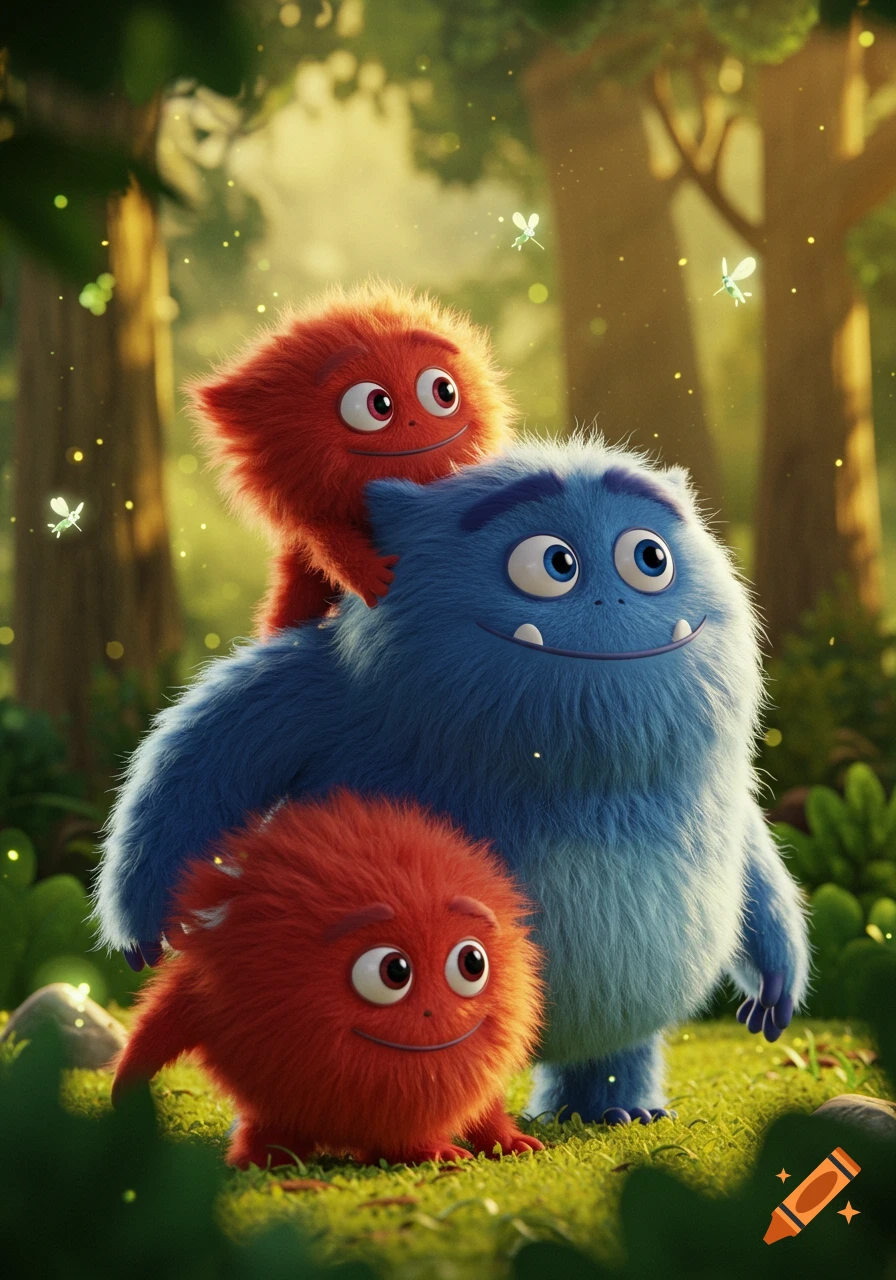 Two red furry monsters and a large blue furry monster in a lush, green forest setting, rendered in 3D animation style.