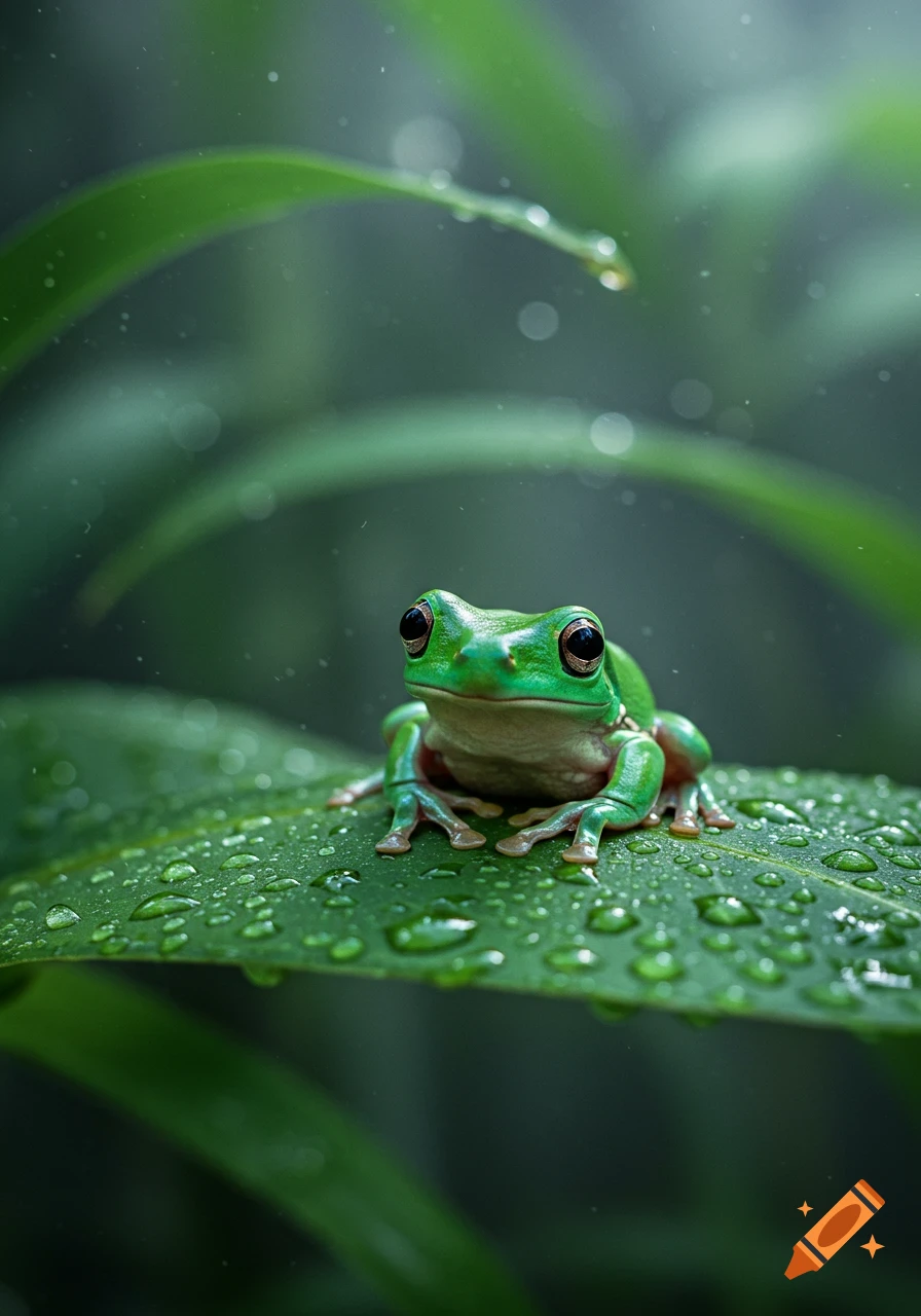 A vibrant green frog sits on a wet, dew-covered leaf in a lush green environment.