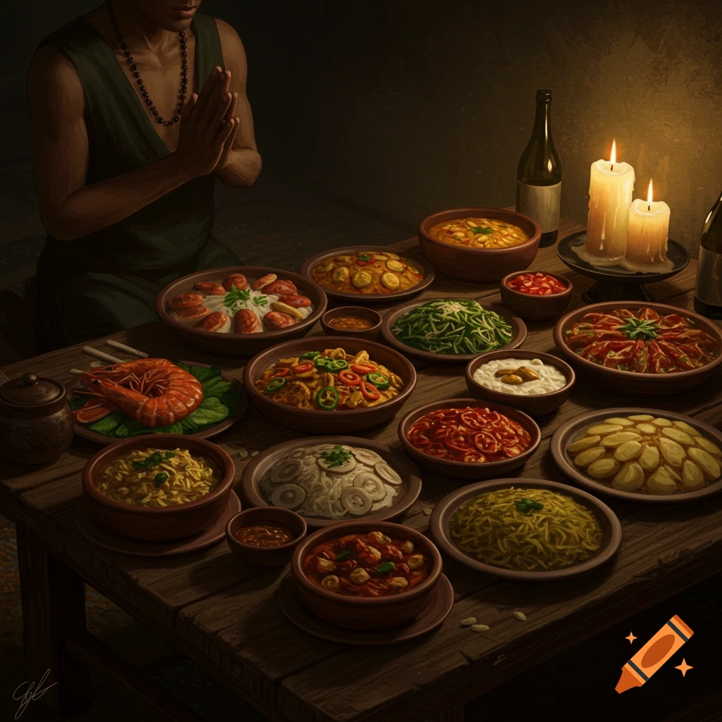 A person with hands pressed in prayer kneels before a table laden with various food dishes, lit by candles in a dark room.