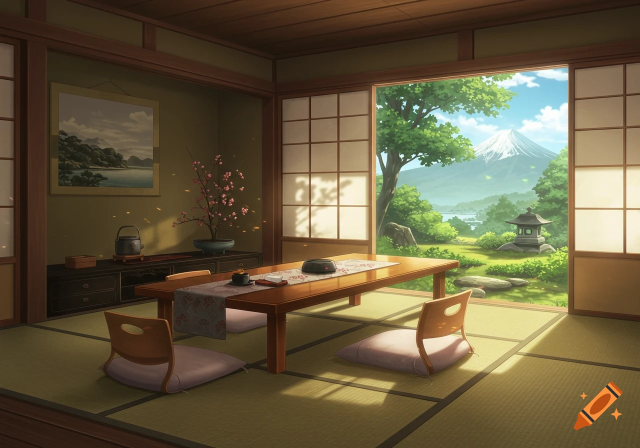 Anime style traditional Japanese room with tatami mats, a low wooden table, and a view of a garden and snow-capped mountain.
