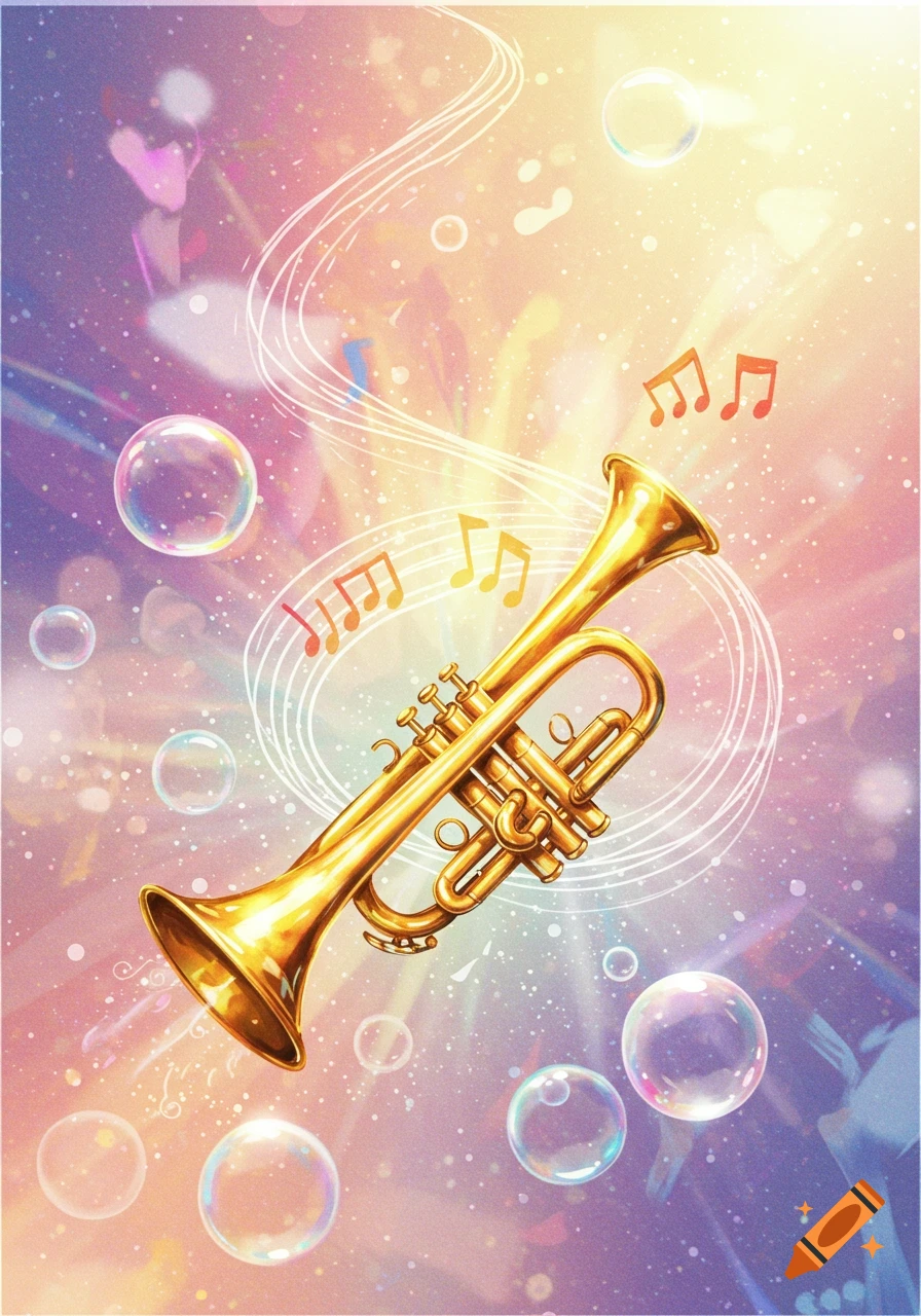 A golden trumpet floats amidst colorful bubbles and musical notes on a sparkling, pastel background.