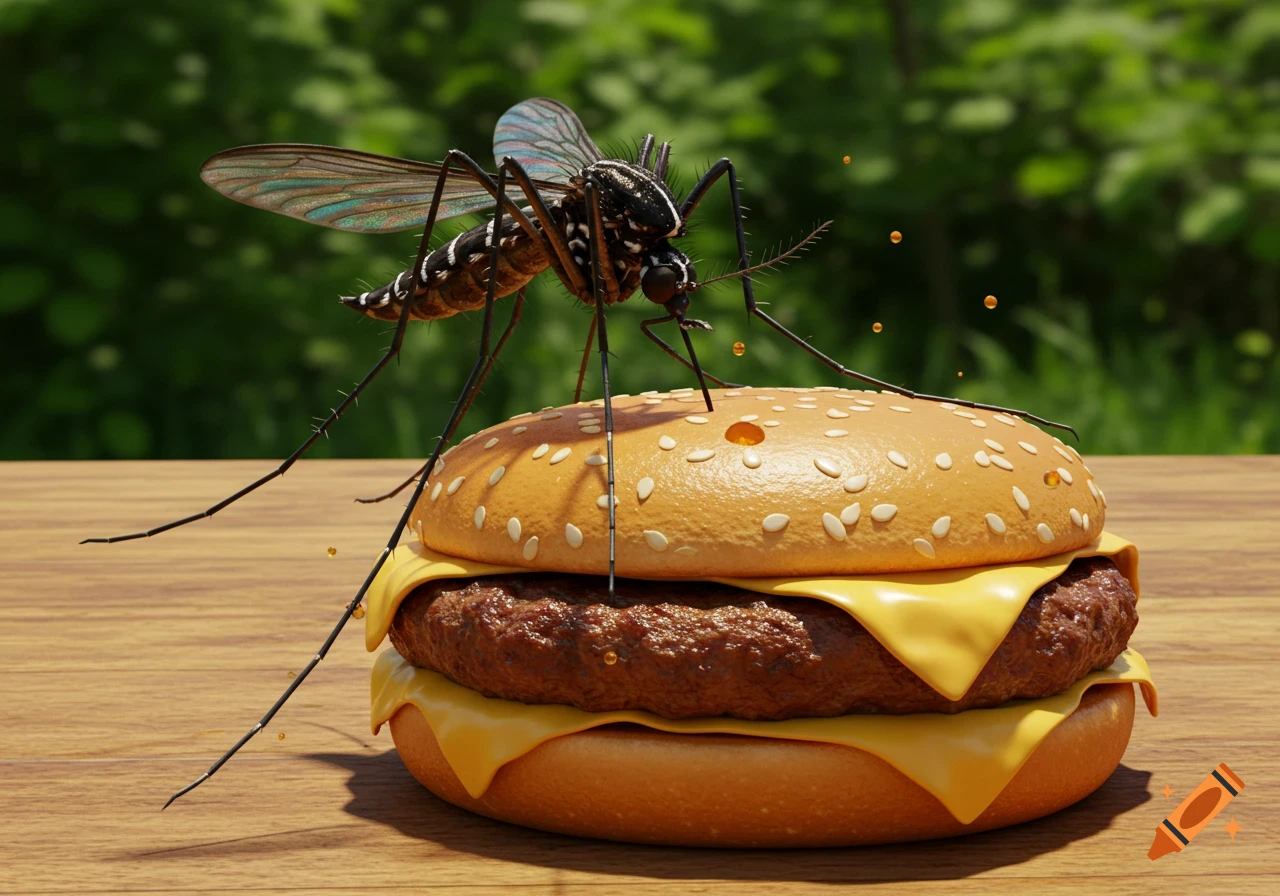 A large, photorealistic mosquito with translucent wings and long legs perches on a cheeseburger, appearing to suck liquid from its bun.