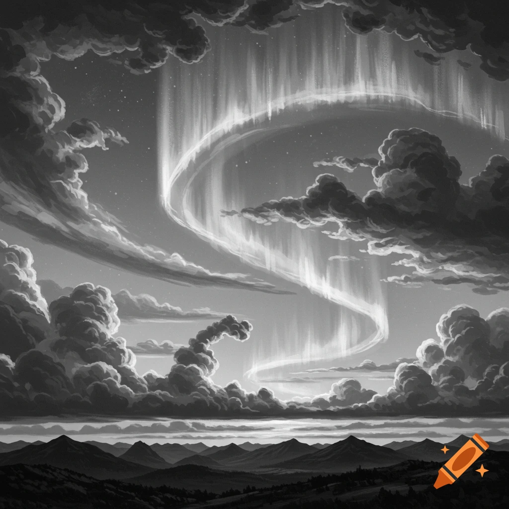 Dramatic black and white landscape with swirling aurora lights in a cloudy sky over mountains.