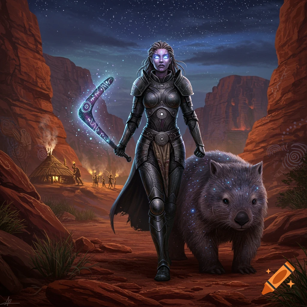 A glowing-eyed armored female warrior stands with a cosmic wombat companion in an Australian canyon at night, holding a glowing boomerang. An Aboriginal village is in the background.