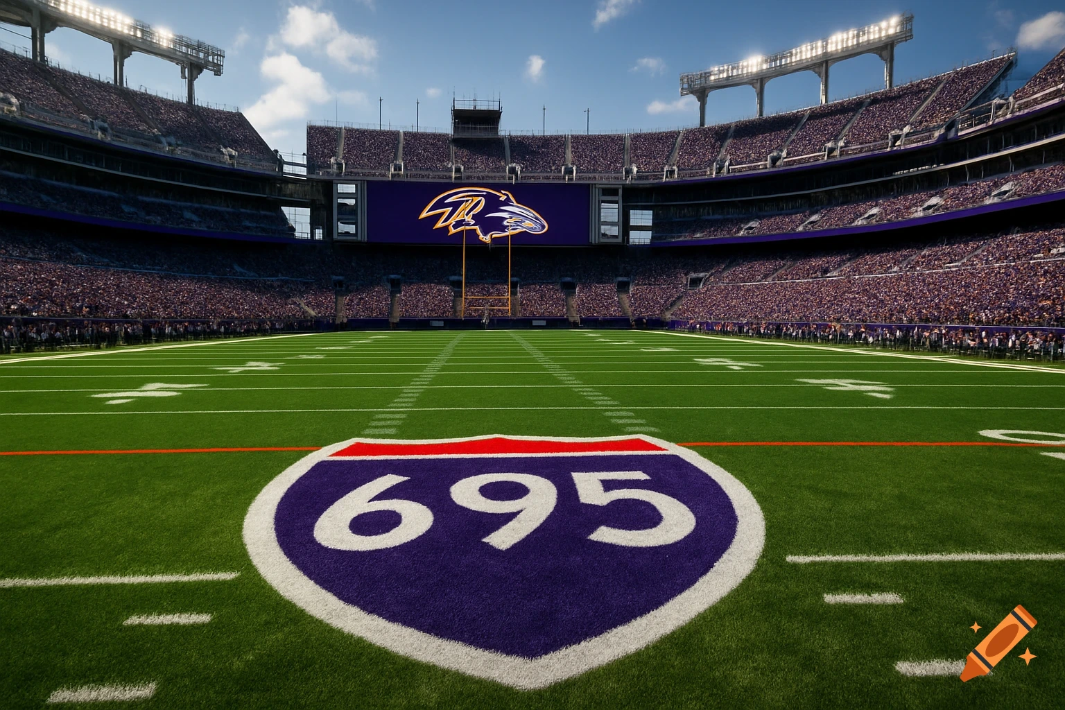 A photorealistic view of a football stadium with an "I-695" highway shield logo painted on the midfield and a red line at the 45-yard line. The Baltimore Ravens logo is on the jumbotron.