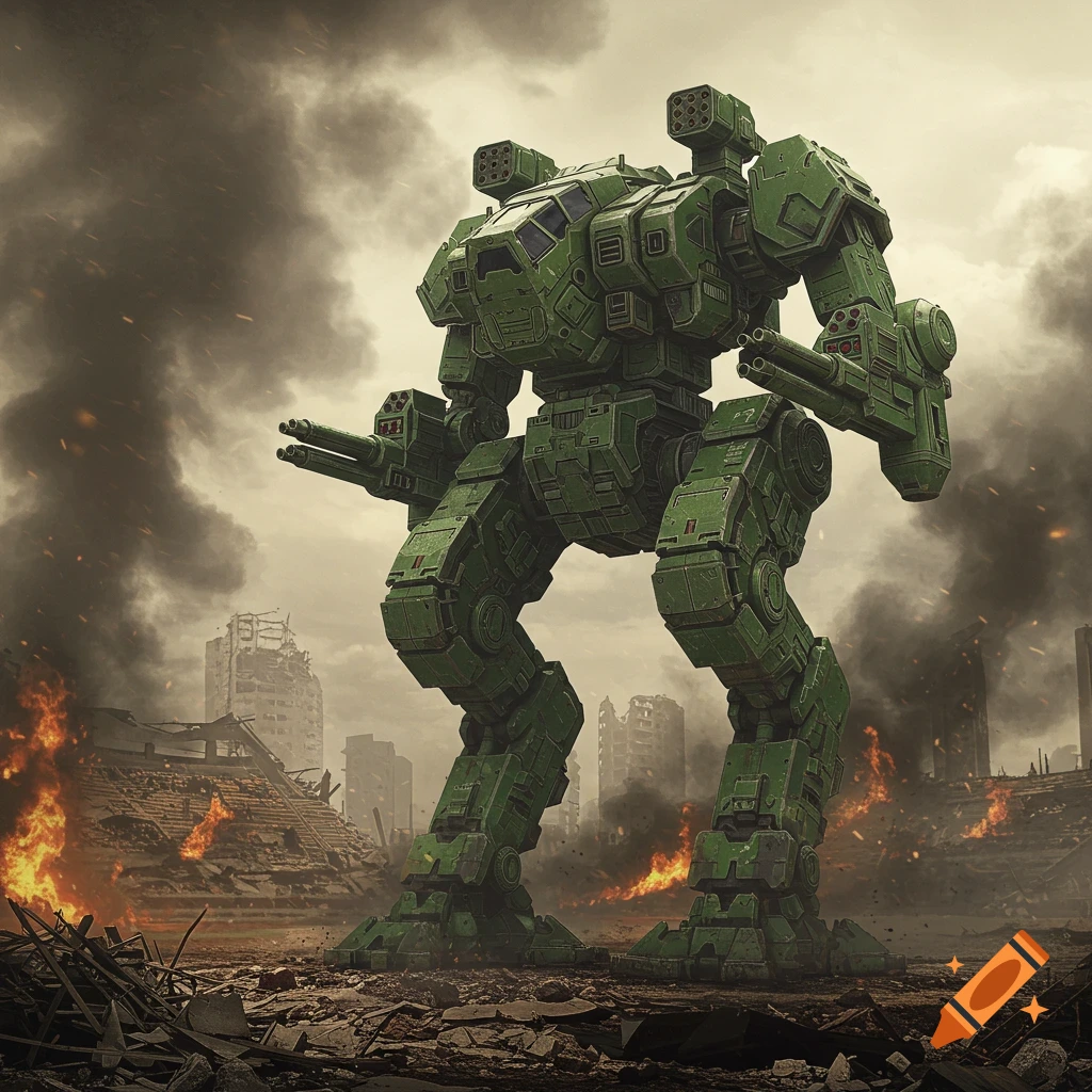 A large, green military battlemech stands amidst the smoky ruins of a city with burning buildings under a hazy sky.