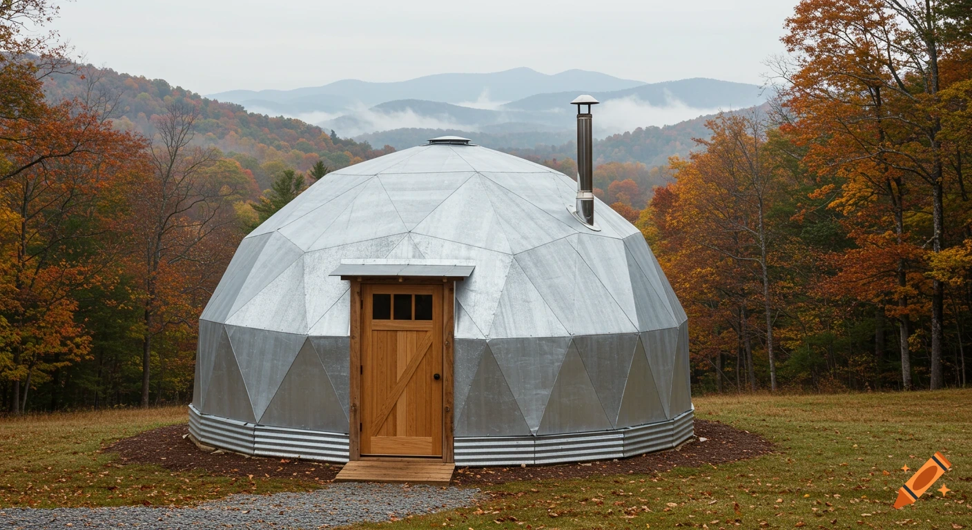 A photorealistic image of a silver geodesic dome house with a wooden door and a chimney, set amidst autumn trees and misty mountains.
