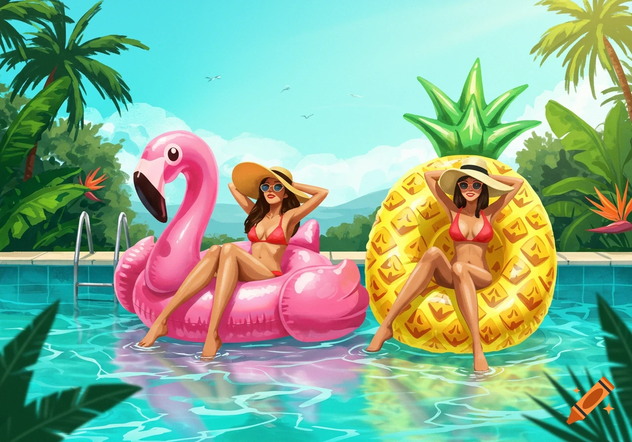 Two women in red bikinis on pink flamingo and yellow pineapple floats in a bright blue swimming pool surrounded by tropical plants.