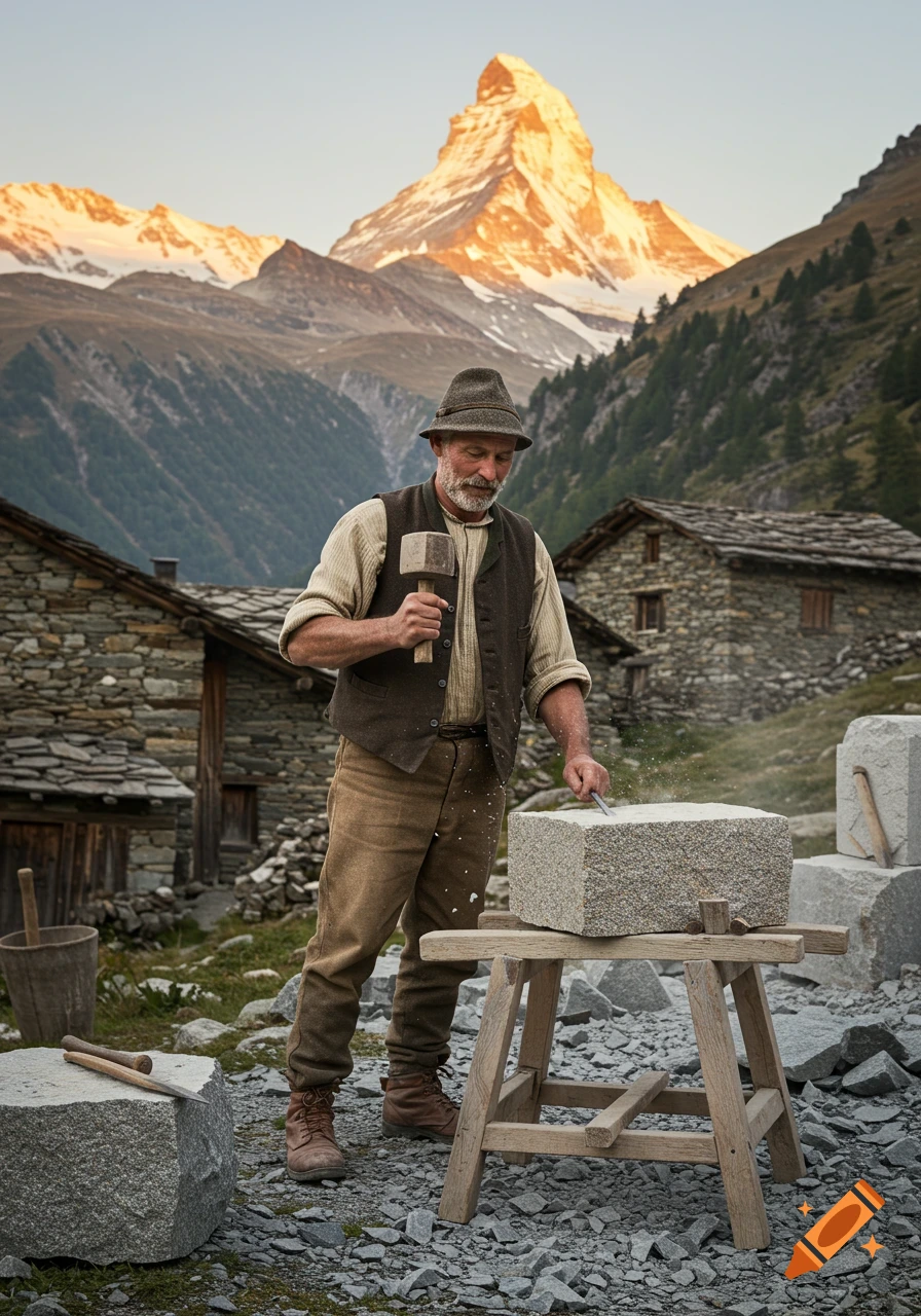 A bearded stonemason carves a stone block in a mountain valley with stone houses and the Matterhorn visible in the background.