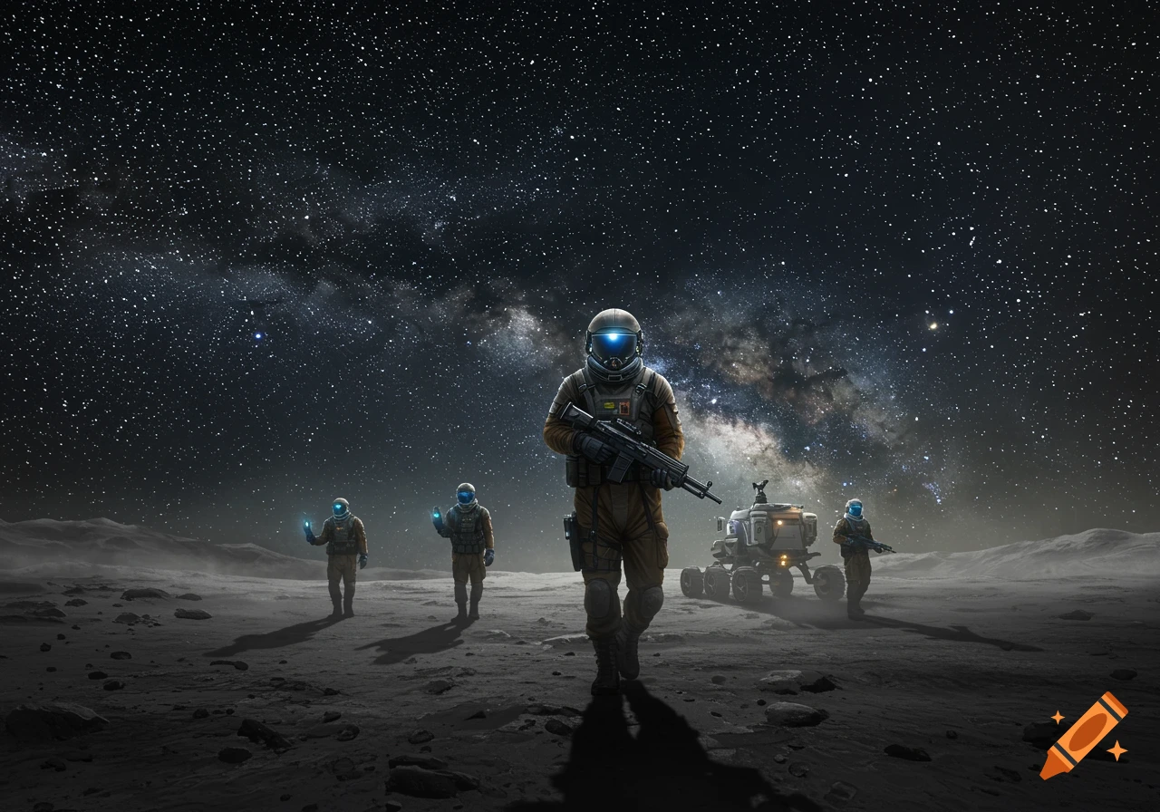 Four armed astronauts with a rover on the moon's surface under a starry, milky way sky.