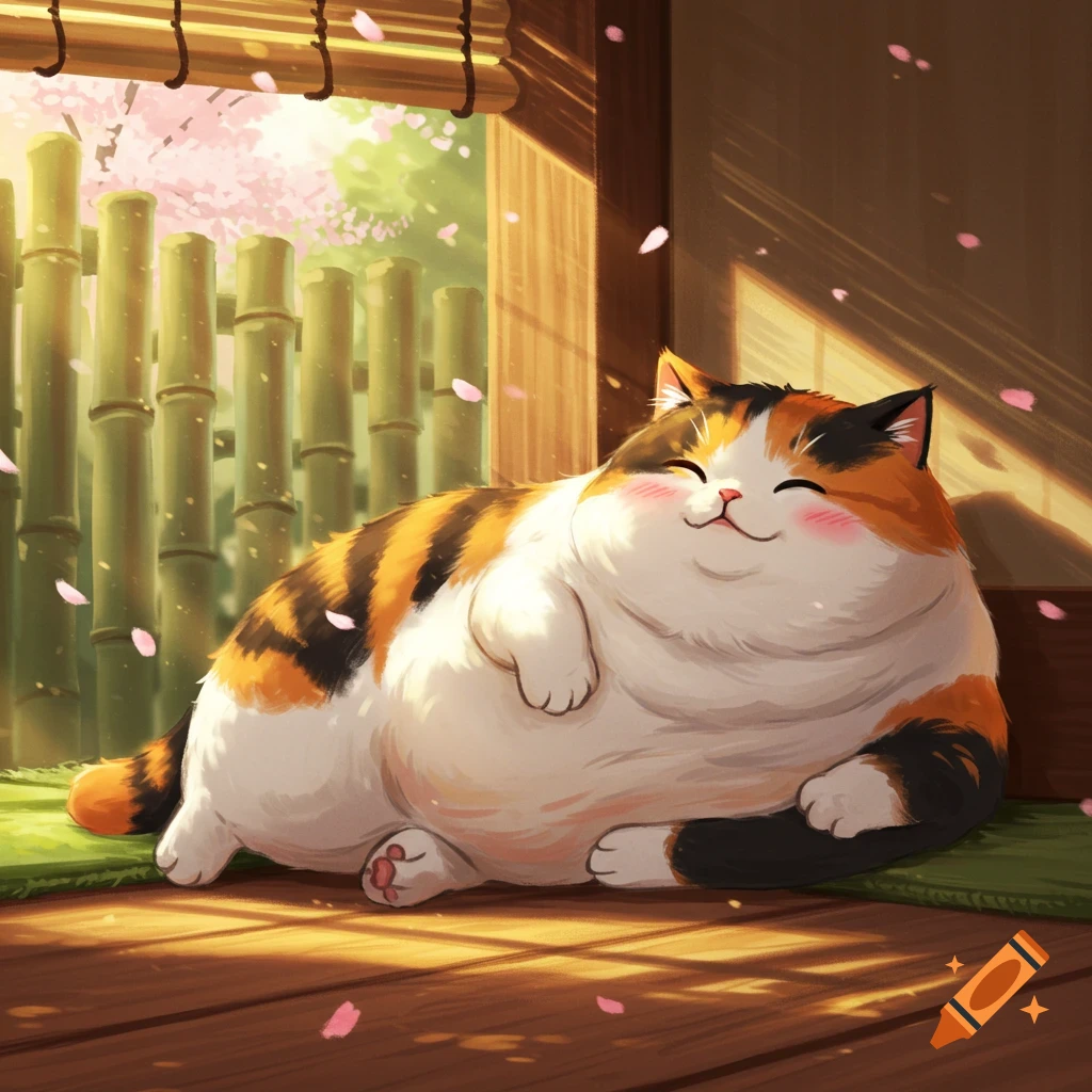 A cute, very fat calico cat with blushing cheeks relaxing on a wooden floor in a Japanese-style room with cherry blossoms.