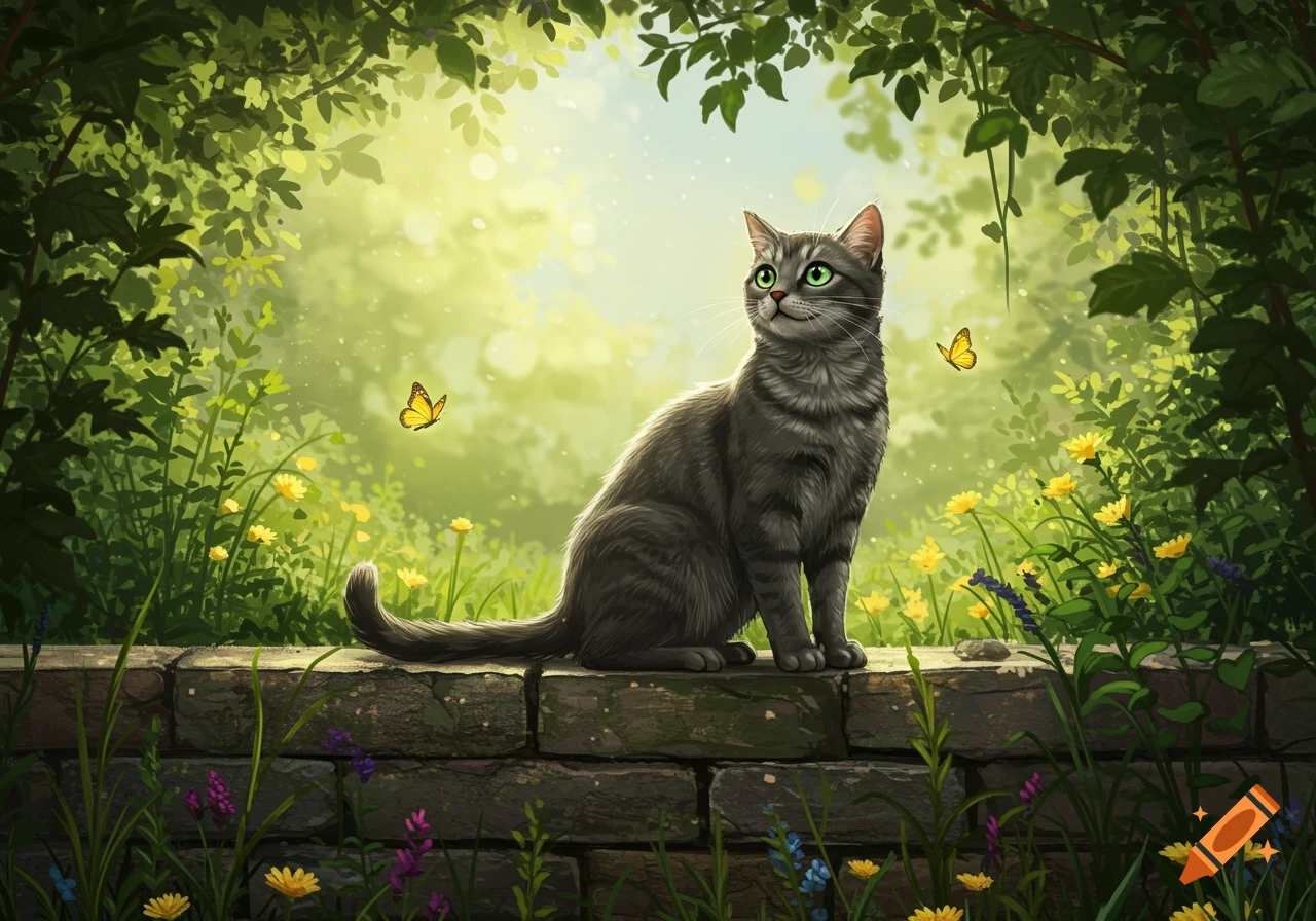 A gray tabby cat sits on a stone wall in a vibrant garden, looking up ...