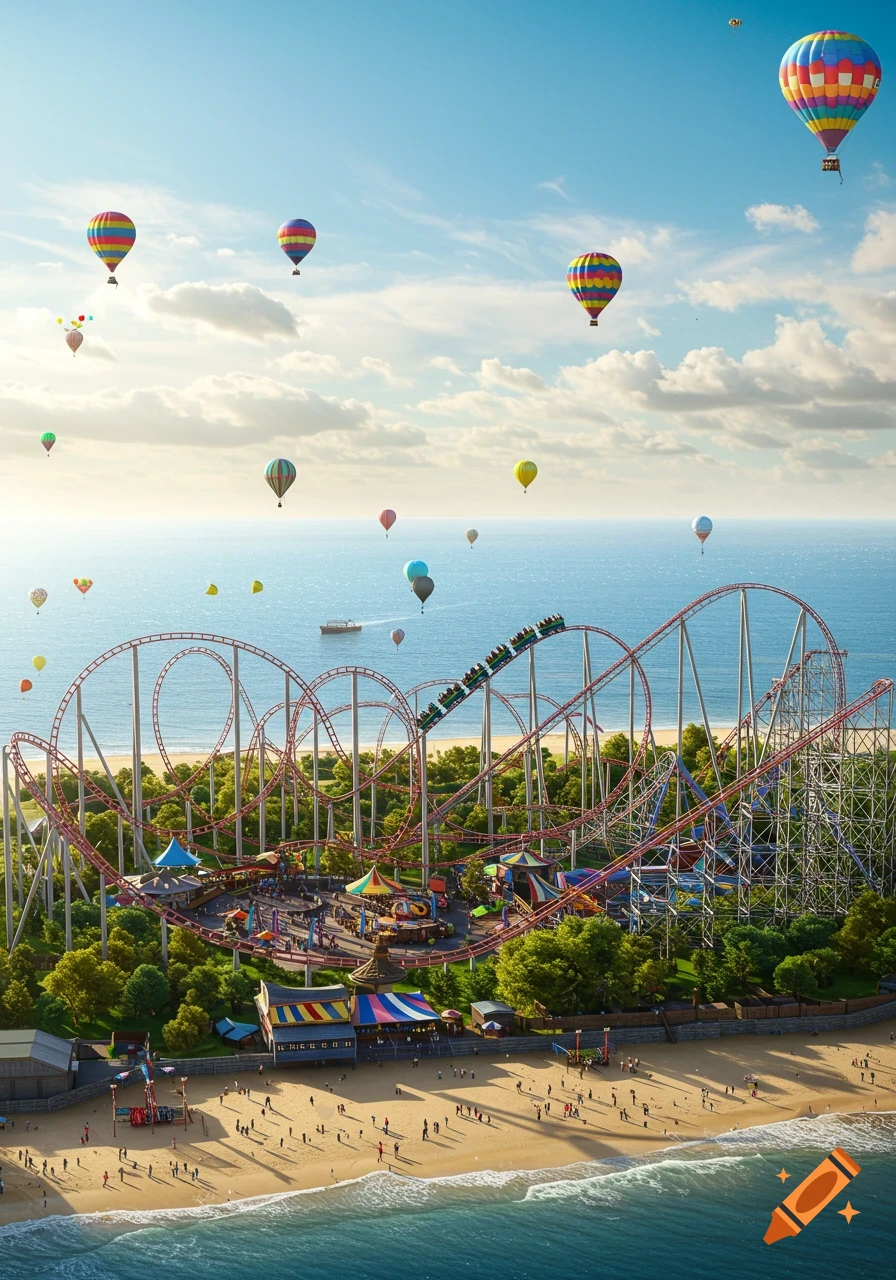 Aerial view of a vibrant theme park with roller coasters on a beach, alongside the ocean, with many colorful hot air balloons in the sky.
