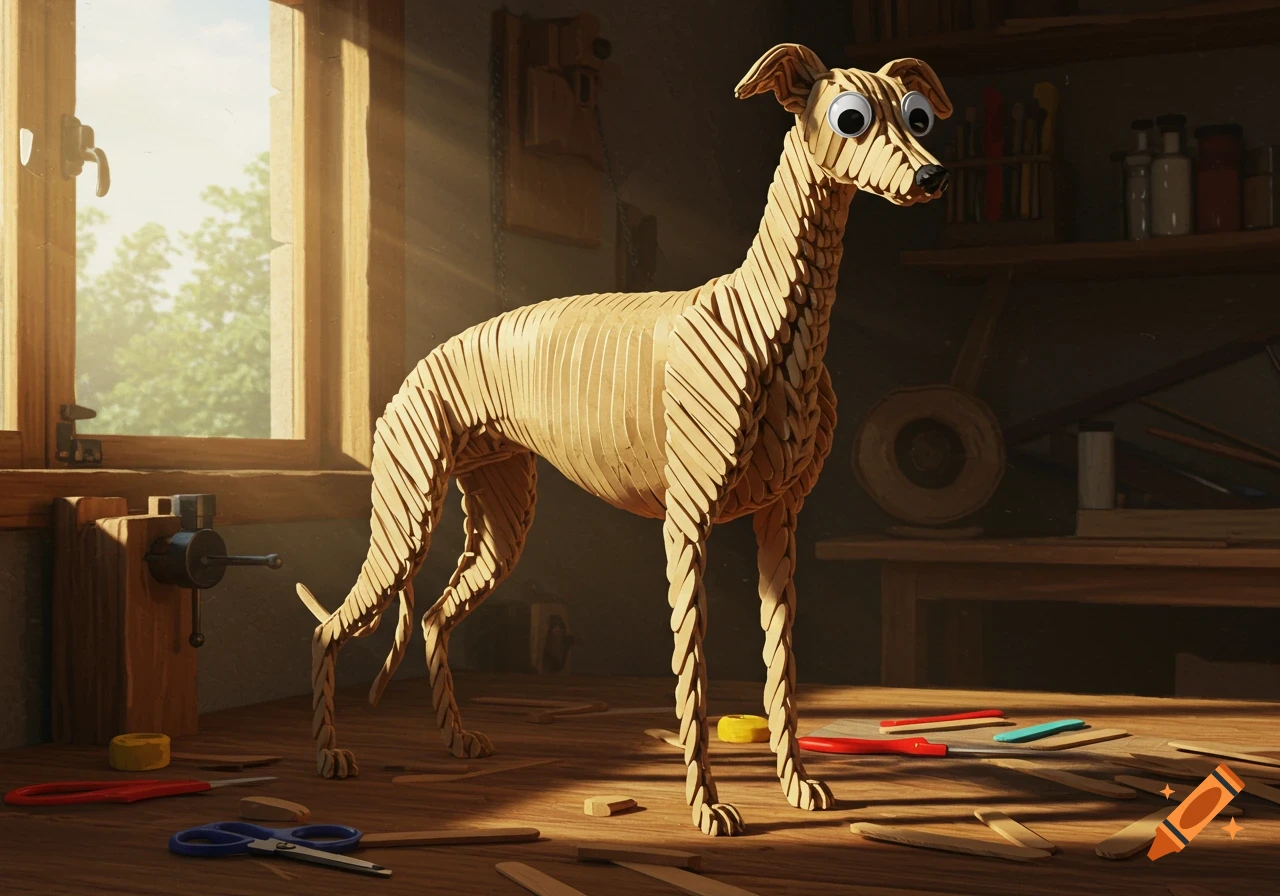 A sculpture of a greyhound dog made from popsicle sticks with googly eyes stands on a wooden workbench in a sunlit workshop.