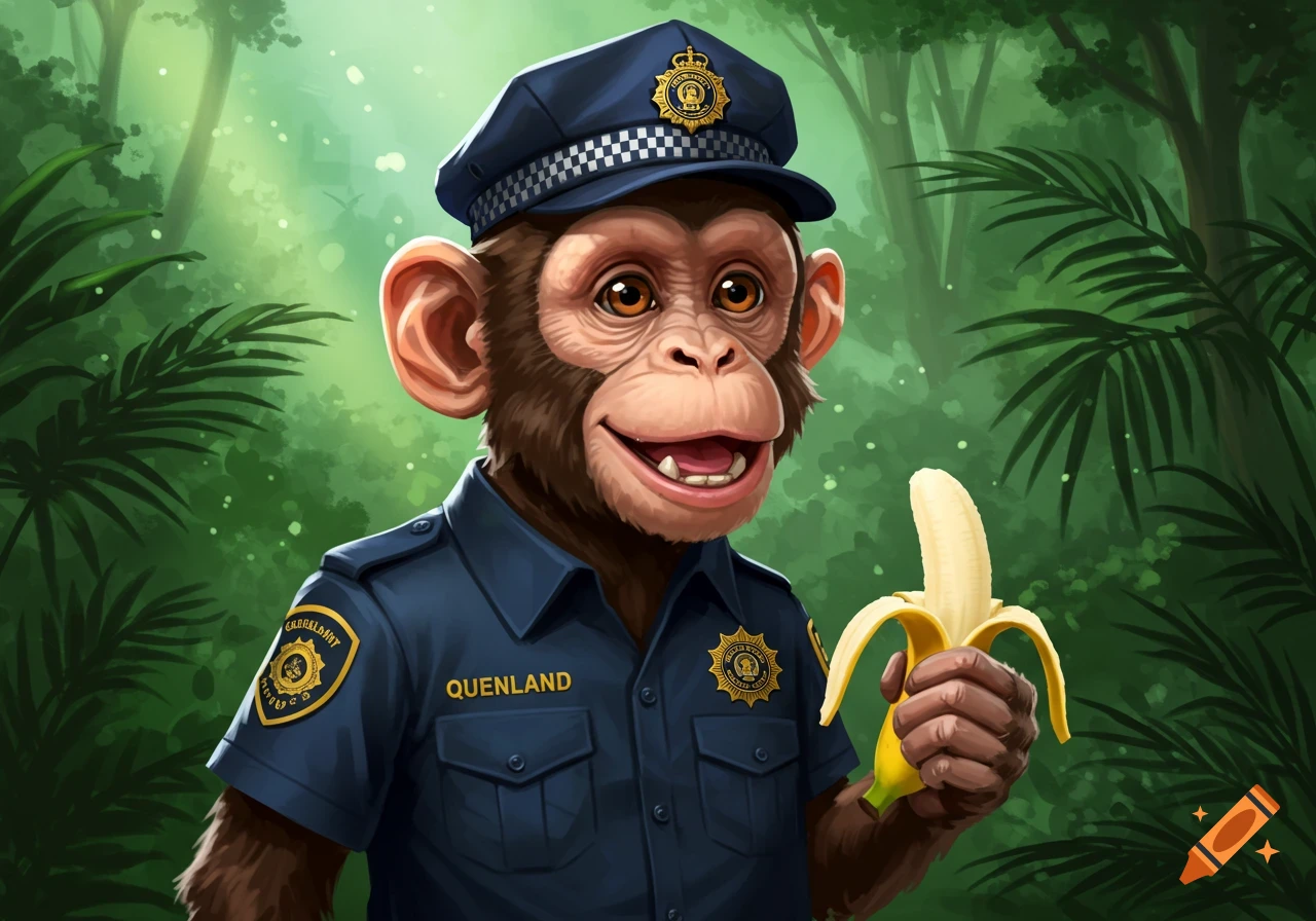 A cartoon monkey wearing a police uniform and a hat, smiling and holding a peeled banana in a jungle setting.