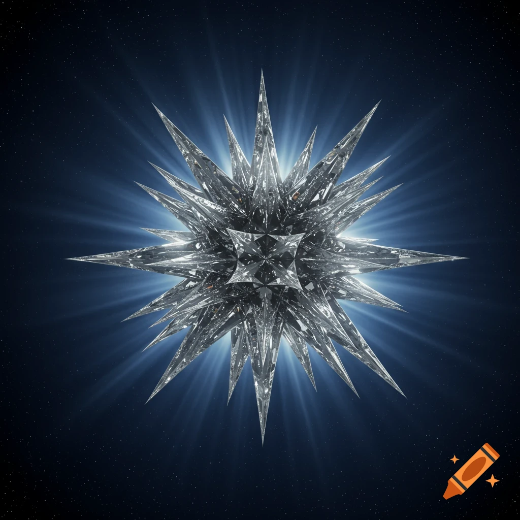 A detailed, multifaceted silver star radiating light against a dark blue starry space background.