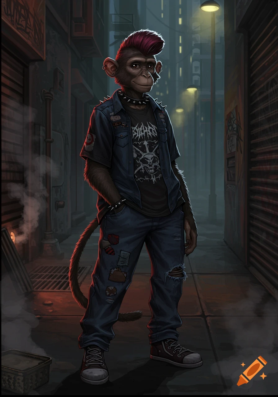 A dark-furred monkey with a pink mohawk, wearing a spiked collar, a black band t-shirt, and torn jeans, stands in a dark urban alley at night.