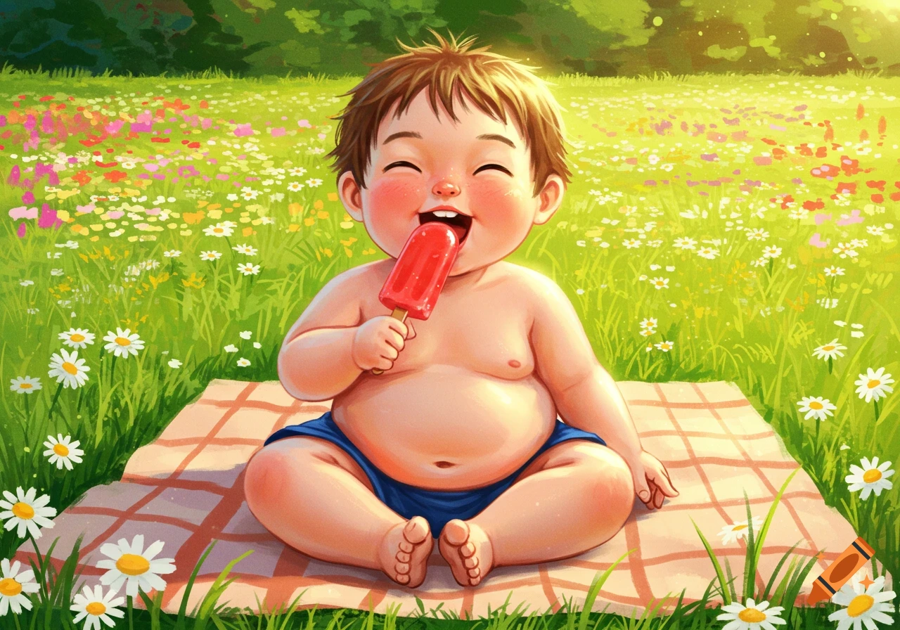 A happy baby sits on a picnic blanket in a field of wildflowers, laughing and eating a red popsicle.