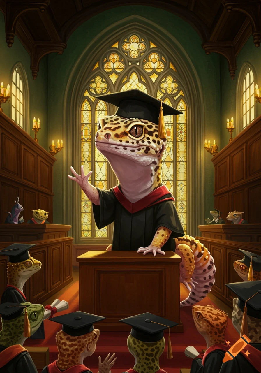 A leopard gecko in a graduation cap and robe stands at a podium, appearing to give a speech in a grand hall with stained glass windows, surrounded by other geckos in graduation attire.