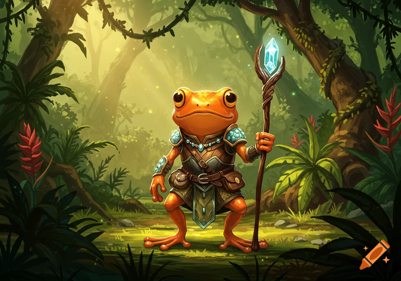 An armored orange anthropomorphic frog holds a glowing crystal staff in a vibrant, sunlit jungle. Digital art style.