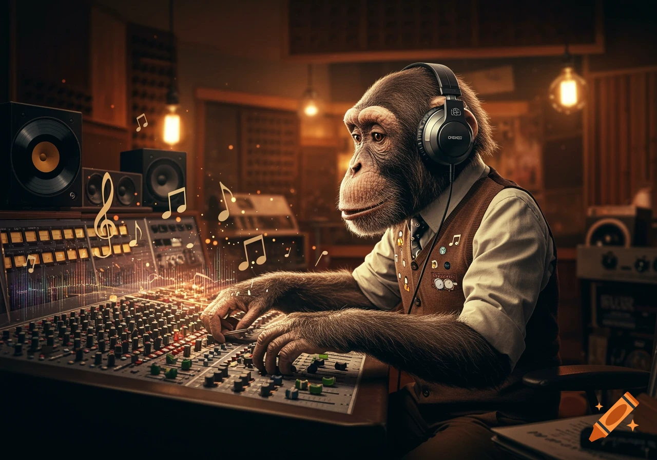 A chimpanzee wearing headphones mixes audio at a soundboard in a recording studio with glowing musical notes.