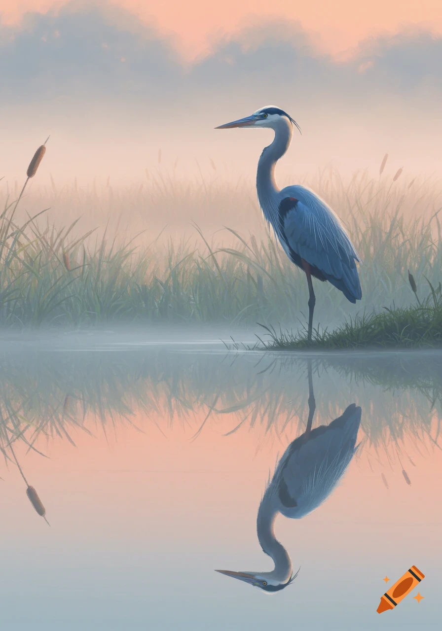 A Great Blue Heron stands in a misty, shallow pond at sunrise, its reflection visible in the calm water among reeds.