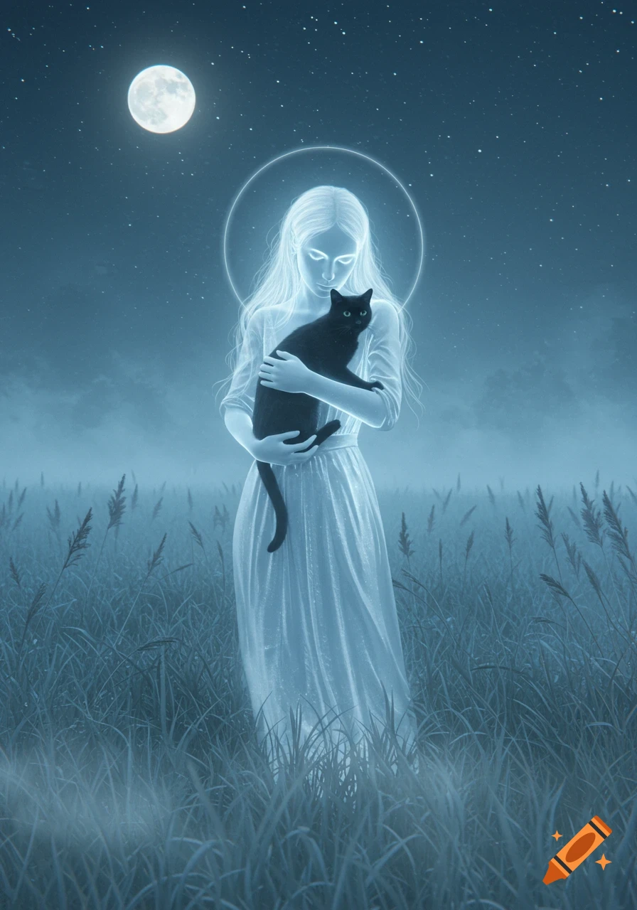 An ethereal woman, glowing faintly blue, holds a black cat in a moonlit field under a starry night sky.