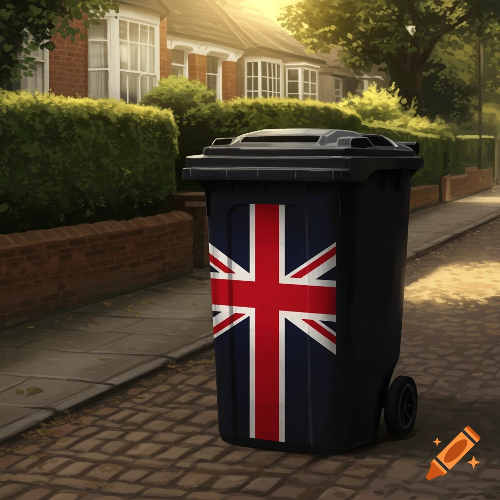 A black wheelie bin with a Union Jack flag stands on a cobbled street in a residential area, sunlit.