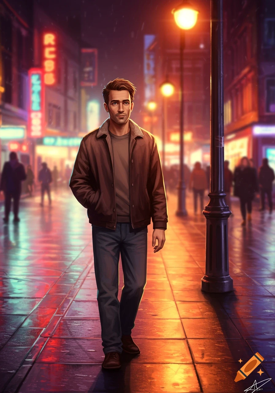 A digital illustration depicts a man in a brown jacket walking down a wet, neon-lit city street at night.