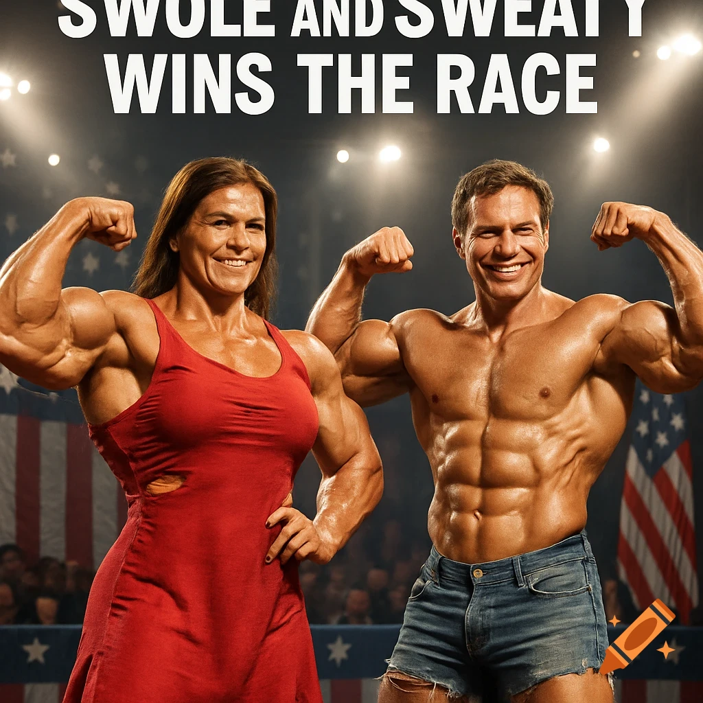 A female and male bodybuilder flex their muscles on a stage with an American flag, under text 'SWOLE AND SWEATY WINS THE RACE'.