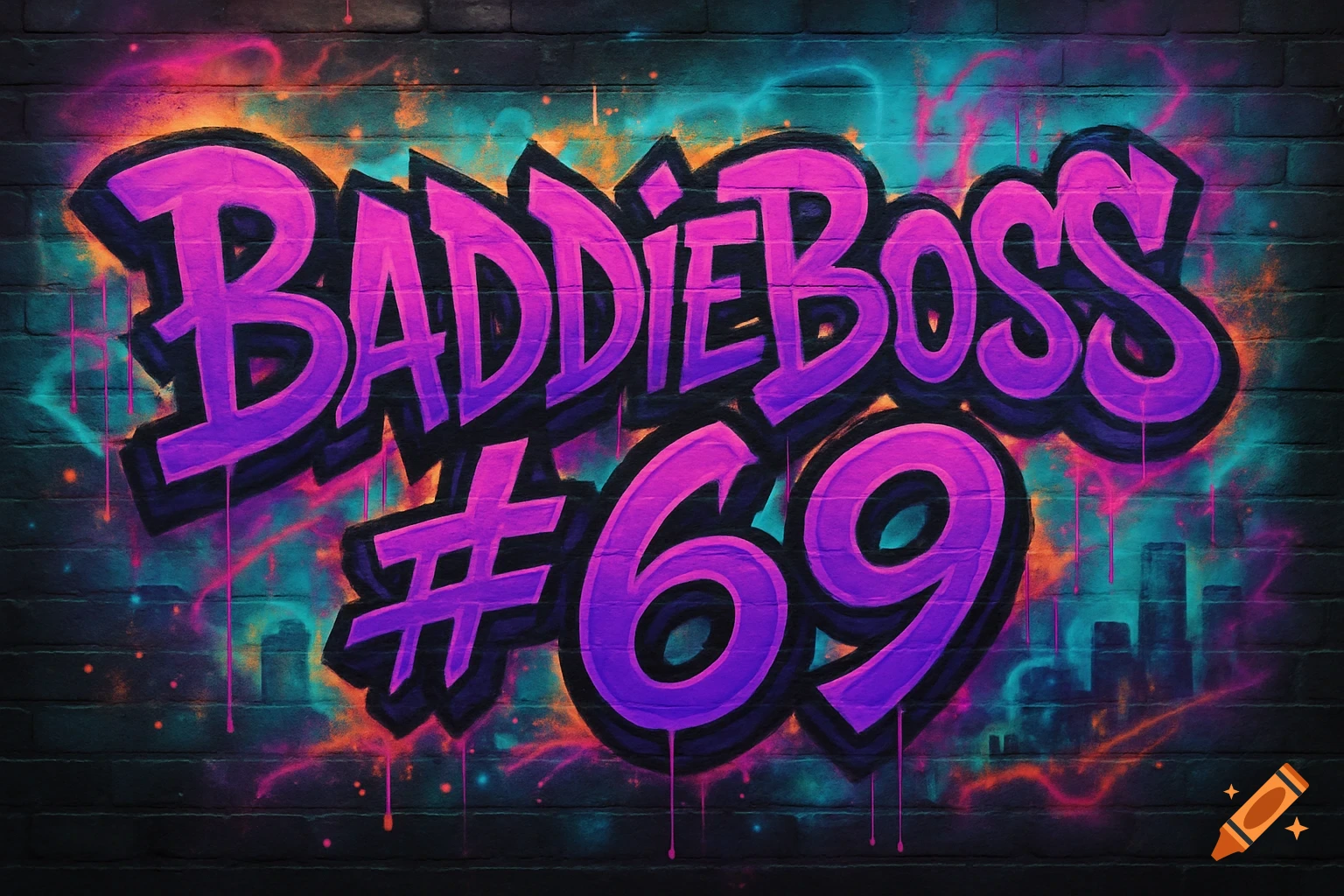 Purple and pink graffiti text reading 'BaddieBoss #69' on a dark brick wall with neon-colored smoke and drips.